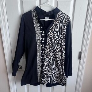 Chicos No-Iron Chic Stretch Animal Print Tunic Shirt Black Mixed Zebra Leopard M
